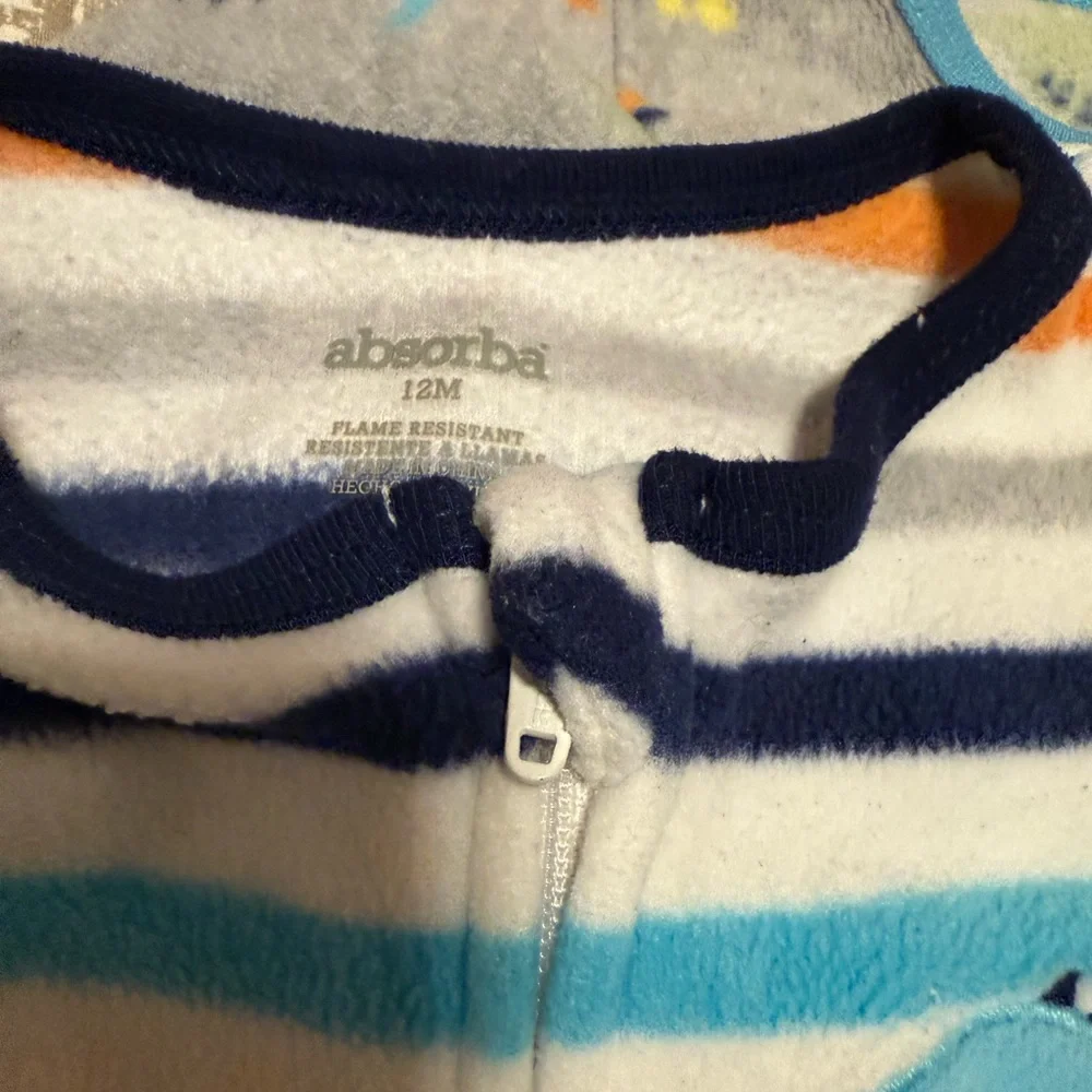 Set of Two Absorba Multicolor Striped and Dinosaur Fleece Footies 12 months